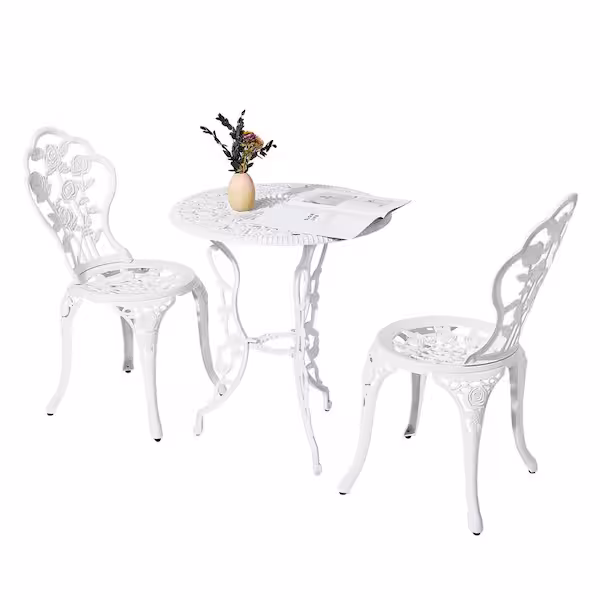 Romantic Rose Garden Bistro Set — Cast-Metal Table & 2 Chairs, White Ornate Flor